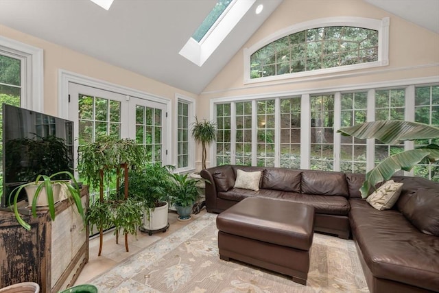 117 Deer Path Ln, Weston, MA 02493 - sunroom featuring a skylight, lofted ceiling, healthy amount of natural light, and french doors