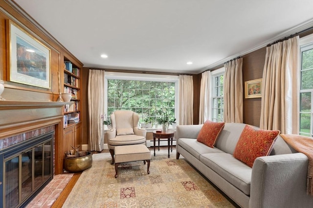 117 Deer Path Ln, Weston, MA 02493 - living room with a fireplace with flush hearth, crown molding, baseboard heating, and recessed lighting