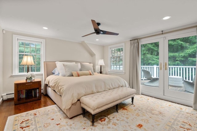117 Deer Path Ln, Weston, MA 02493 - bedroom with access to outside, a baseboard heating unit, wood finished floors, french doors, and recessed lighting