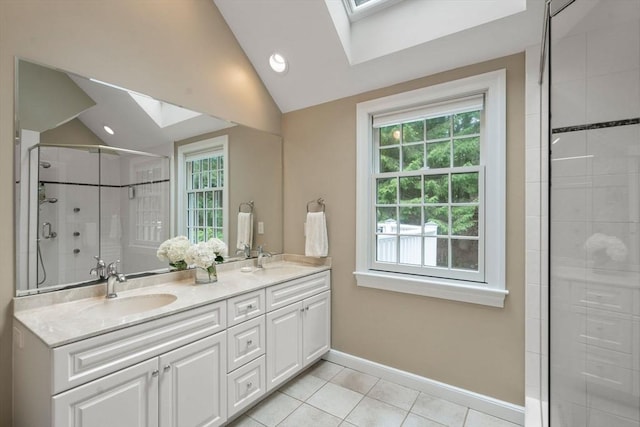 117 Deer Path Ln, Weston, MA 02493 - full bath with a skylight, vaulted ceiling, healthy amount of natural light, tile patterned floors, and recessed lighting