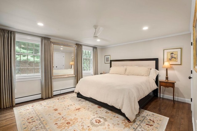 117 Deer Path Ln, Weston, MA 02493 - bedroom with ornamental molding, recessed lighting, wood finished floors, baseboard heating, and a ceiling fan