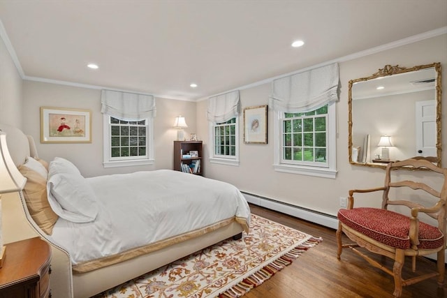 117 Deer Path Ln, Weston, MA 02493 - bedroom featuring a baseboard heating unit, ornamental molding, wood finished floors, and recessed lighting