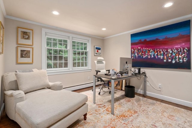 117 Deer Path Ln, Weston, MA 02493 - office space with a baseboard heating unit, crown molding, wood finished floors, and recessed lighting