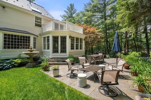 117 Deer Path Ln, Weston, MA 02493 - patio / terrace with a patio area, outdoor dining area, a lawn, and entry steps