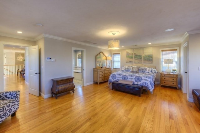 bedroom featuring baseboards, ornamental molding, light wood-style flooring, and recessed lighting