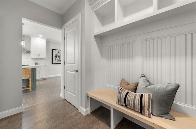 mudroom with dark hardwood / wood-style flooring and crown molding