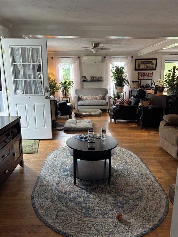 20 Osgood Ave, Lowell, MA 01850 - living room with a ceiling fan, a wall mounted air conditioner, plenty of natural light, crown molding, and beam ceiling