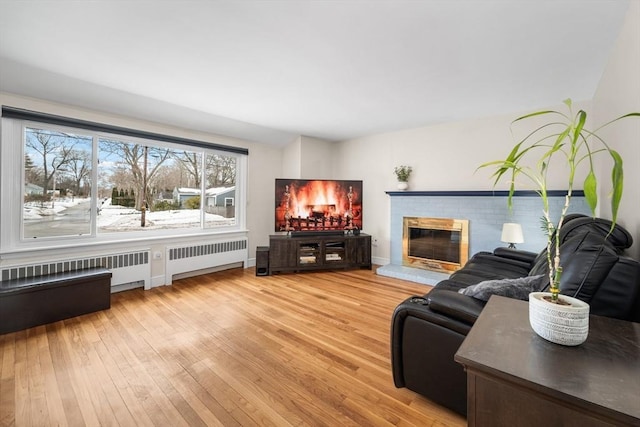 living room featuring light wood finished floors, radiator heating unit, and a fireplace