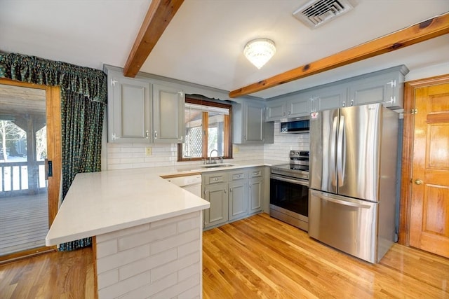 kitchen with visible vents, gray cabinets, a sink, stainless steel appliances, and a peninsula