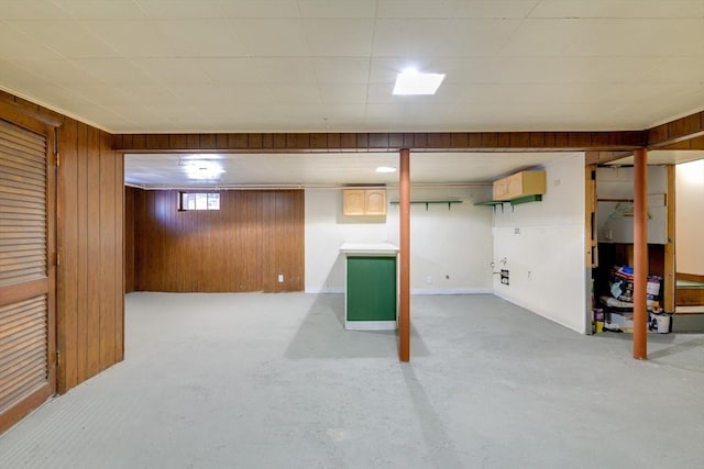 basement with wood walls