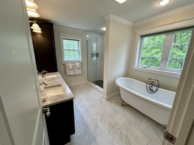 14 Pine Knoll Rd, Lexington, MA 02420 - full bathroom featuring crown molding, a shower stall, marble finish floors, double vanity, and a soaking tub