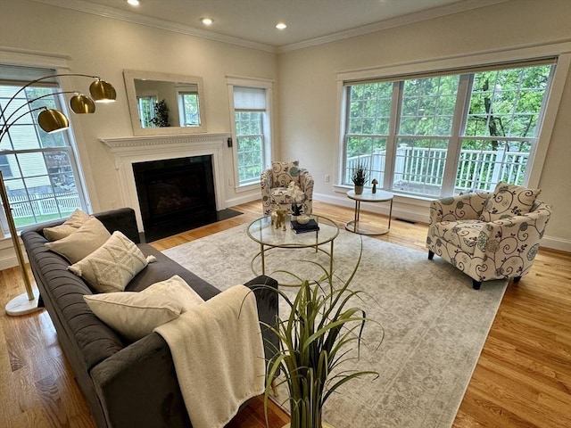 14 Pine Knoll Rd, Lexington, MA 02420 - living area featuring crown molding, a fireplace with flush hearth, wood finished floors, baseboards, and recessed lighting