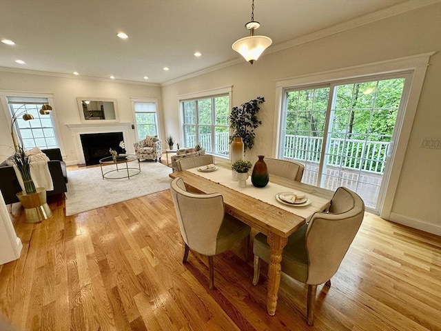 14 Pine Knoll Rd, Lexington, MA 02420 - dining room featuring light wood-type flooring, crown molding, a fireplace, recessed lighting, and baseboards