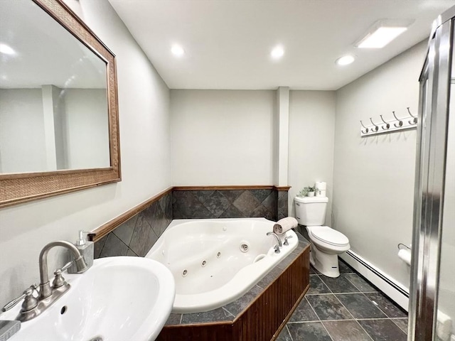 full bath featuring recessed lighting, a baseboard heating unit, toilet, a sink, and a jetted tub