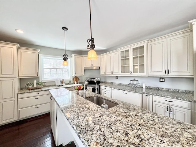 kitchen featuring a sink, light stone counters, under cabinet range hood, pendant lighting, and glass insert cabinets