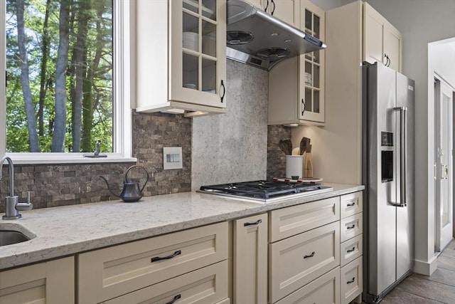 17 Juniper Ln, Framingham, MA 01701 - kitchen featuring stainless steel appliances, under cabinet range hood, decorative backsplash, glass insert cabinets, and a sink
