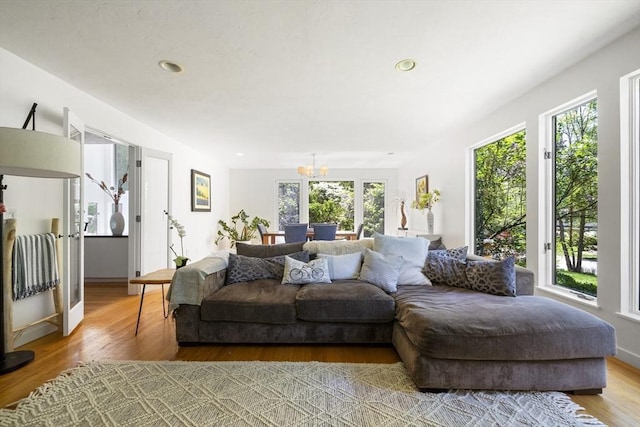 17 Juniper Ln, Framingham, MA 01701 - living room featuring plenty of natural light, a chandelier, wood finished floors, and recessed lighting