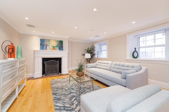 living room with ornamental molding and light hardwood / wood-style floors