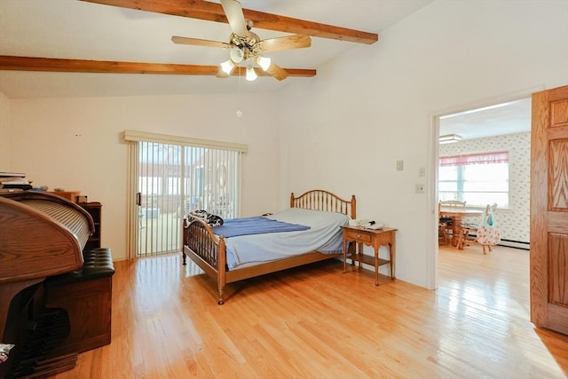 bedroom with access to outside, lofted ceiling with beams, ceiling fan, light wood-type flooring, and wallpapered walls