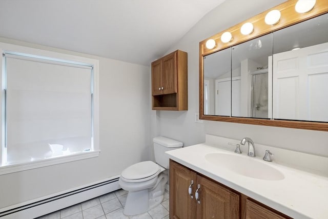 full bath featuring a baseboard radiator, lofted ceiling, tile patterned floors, toilet, and vanity