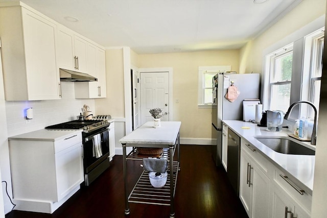 kitchen with appliances with stainless steel finishes, a sink, under cabinet range hood, light countertops, and decorative backsplash