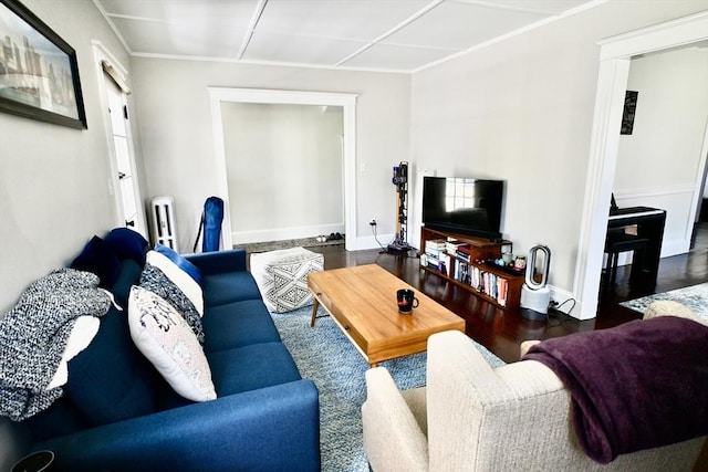 living room featuring wood finished floors, baseboards, crown molding, and radiator heating unit