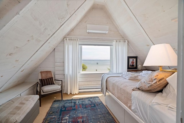 bedroom with lofted ceiling, a wall unit AC, wood walls, and carpet