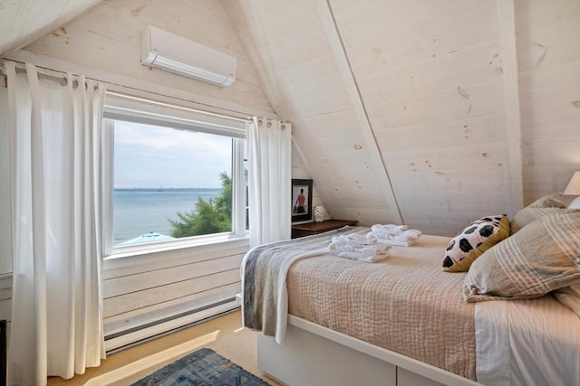 bedroom featuring a water view, a wall mounted air conditioner, vaulted ceiling, a baseboard radiator, and wooden walls