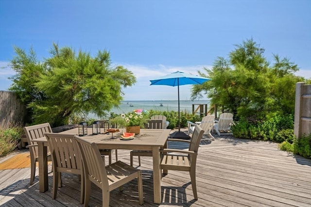 deck featuring a water view