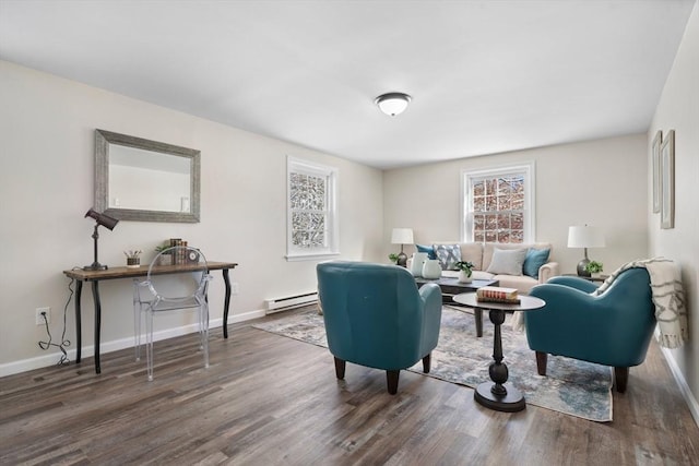 living room with a baseboard radiator and dark hardwood / wood-style floors