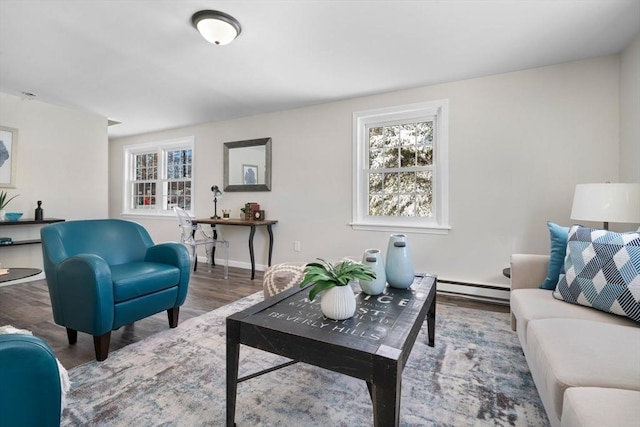 living room with baseboard heating and hardwood / wood-style floors