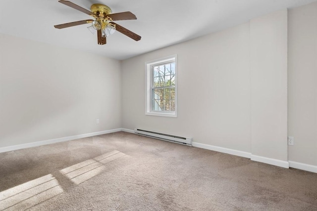 empty room featuring ceiling fan, carpet floors, and a baseboard radiator