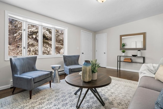 living area with baseboard heating and hardwood / wood-style floors