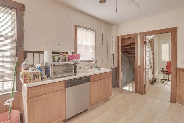 69 Metropolitan Ave, Boston, MA 02131 - kitchen featuring dishwasher, decorative backsplash, light brown cabinetry, and healthy amount of natural light