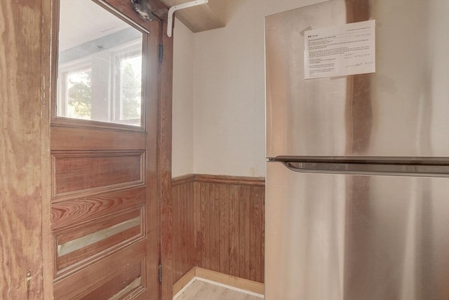 69 Metropolitan Ave, Boston, MA 02131 - detailed view of freestanding refrigerator, wainscoting, and wooden walls