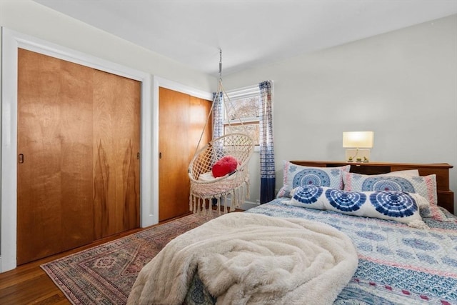 bedroom featuring two closets and wood-type flooring