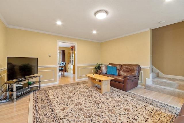 93 Towne Hill Rd, Haverhill, MA 01835 - living area with light wood-style floors, ornamental molding, stairway, a wainscoted wall, and recessed lighting