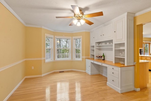93 Towne Hill Rd, Haverhill, MA 01835 - unfurnished office with built in desk, light wood-style flooring, ceiling fan, baseboards, and ornamental molding