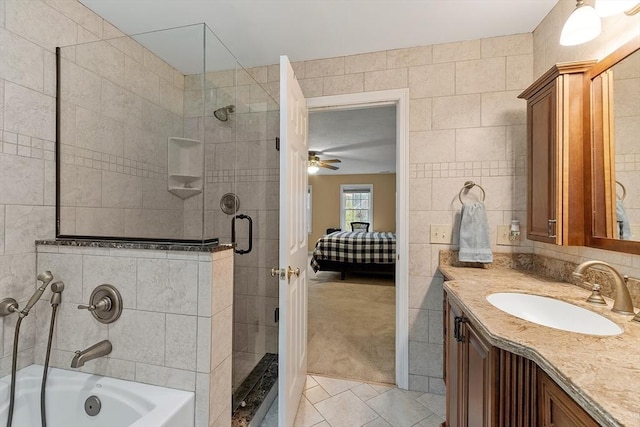 93 Towne Hill Rd, Haverhill, MA 01835 - bathroom featuring a shower stall, tile walls, ensuite bathroom, tile patterned flooring, and a bath