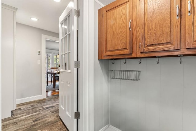 571 Washington St, Winchester, MA 01890 - mudroom with wood finished floors, baseboards, and recessed lighting