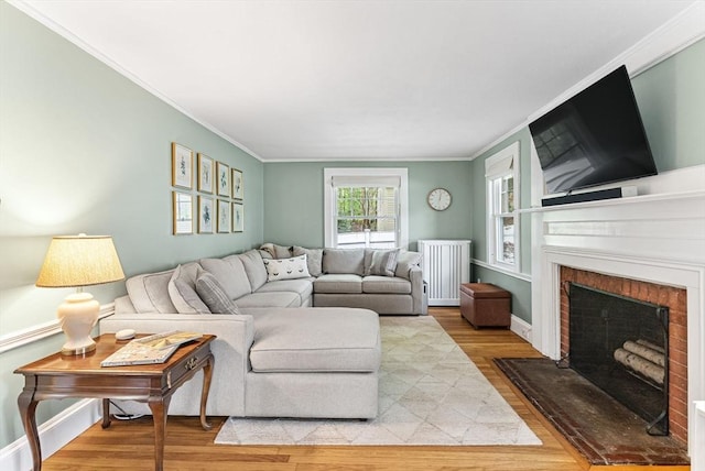571 Washington St, Winchester, MA 01890 - living room with a fireplace, wood finished floors, crown molding, radiator heating unit, and baseboards