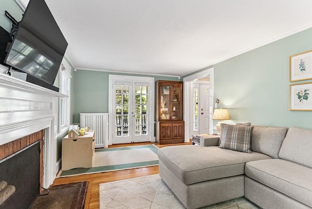 571 Washington St, Winchester, MA 01890 - living room featuring wood finished floors, a fireplace, ornamental molding, and radiator