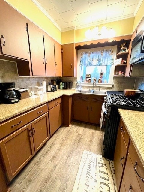 kitchen featuring light hardwood / wood-style floors, sink, light stone counters, gas range, and crown molding