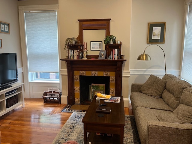 living room featuring wood-type flooring and a tiled fireplace