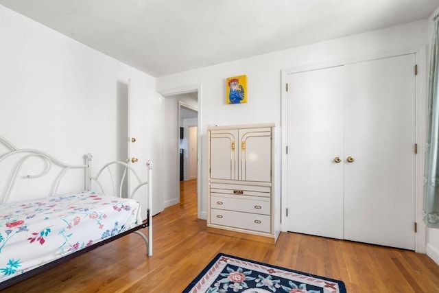 bedroom with wood finished floors and a closet