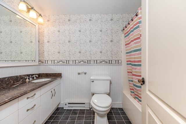 200 Falls Blvd Unit F305, Quincy, MA 02169 - full bath with tile patterned flooring, a baseboard radiator, vanity, toilet, and a wainscoted wall