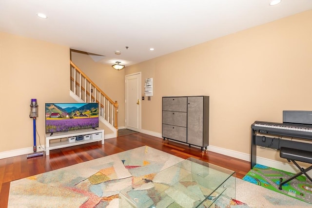 200 Falls Blvd Unit F305, Quincy, MA 02169 - living room with wood finished floors, stairs, recessed lighting, and baseboards