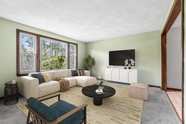 carpeted living area featuring baseboards