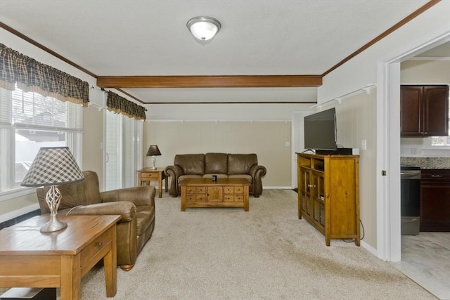 living area featuring ornamental molding, light colored carpet, and baseboards