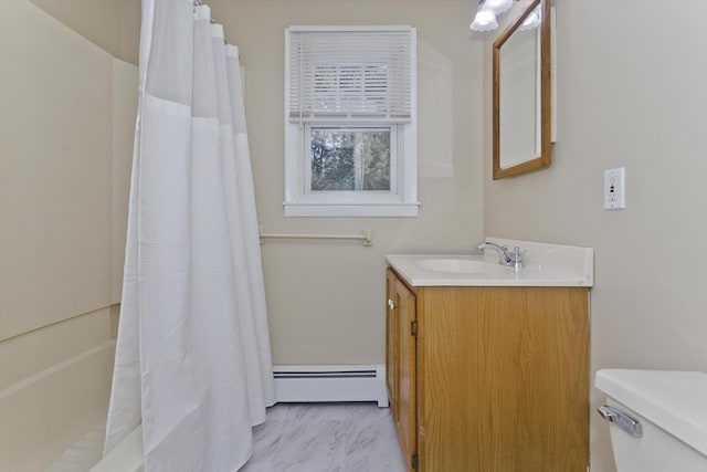 bathroom featuring baseboard heating, a shower with shower curtain, vanity, and toilet